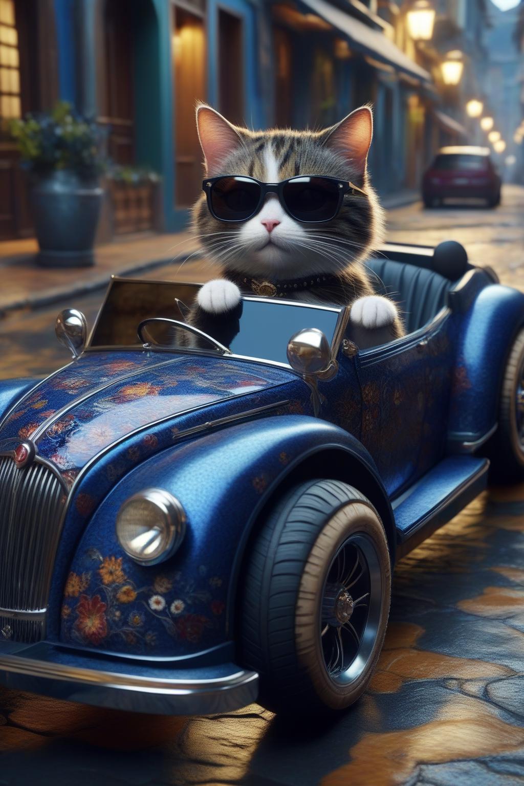 1662654409380-3910495198-a cat and his friend mouse driving a cabriolet car made out of batik fabrics on street, race hat, sunglasses, his paws laying on.png